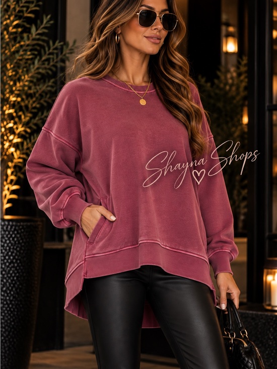 Zenana Outfitters Tops - Zenana Pigment Dyed Cabernet Fleece Oversized Pullover Top with Pockets